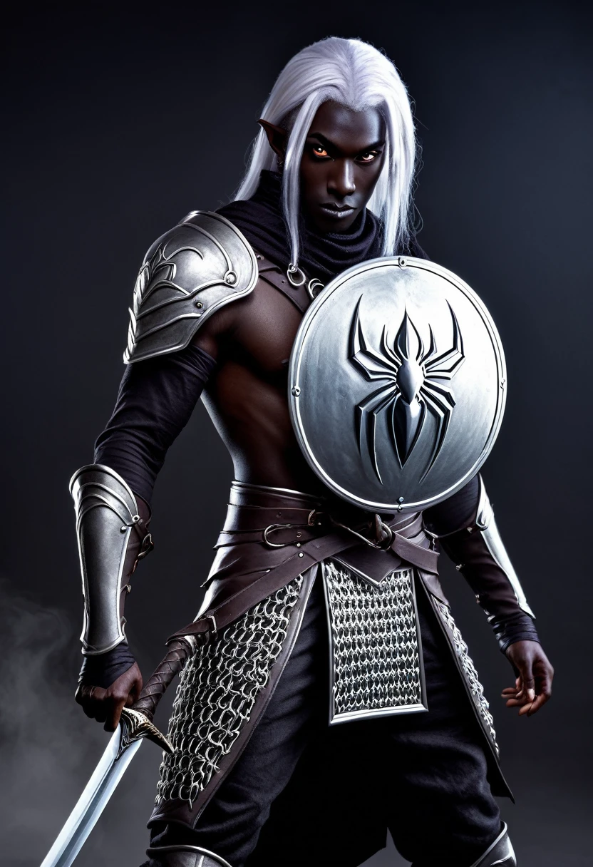 A dark elf rogue (male, pitch black skin, violet eyes, platinum hair, lean and muscular, wielding long sword and metal shield, chain mail, spider motif) is striking combat poses, deep magical dungeon
