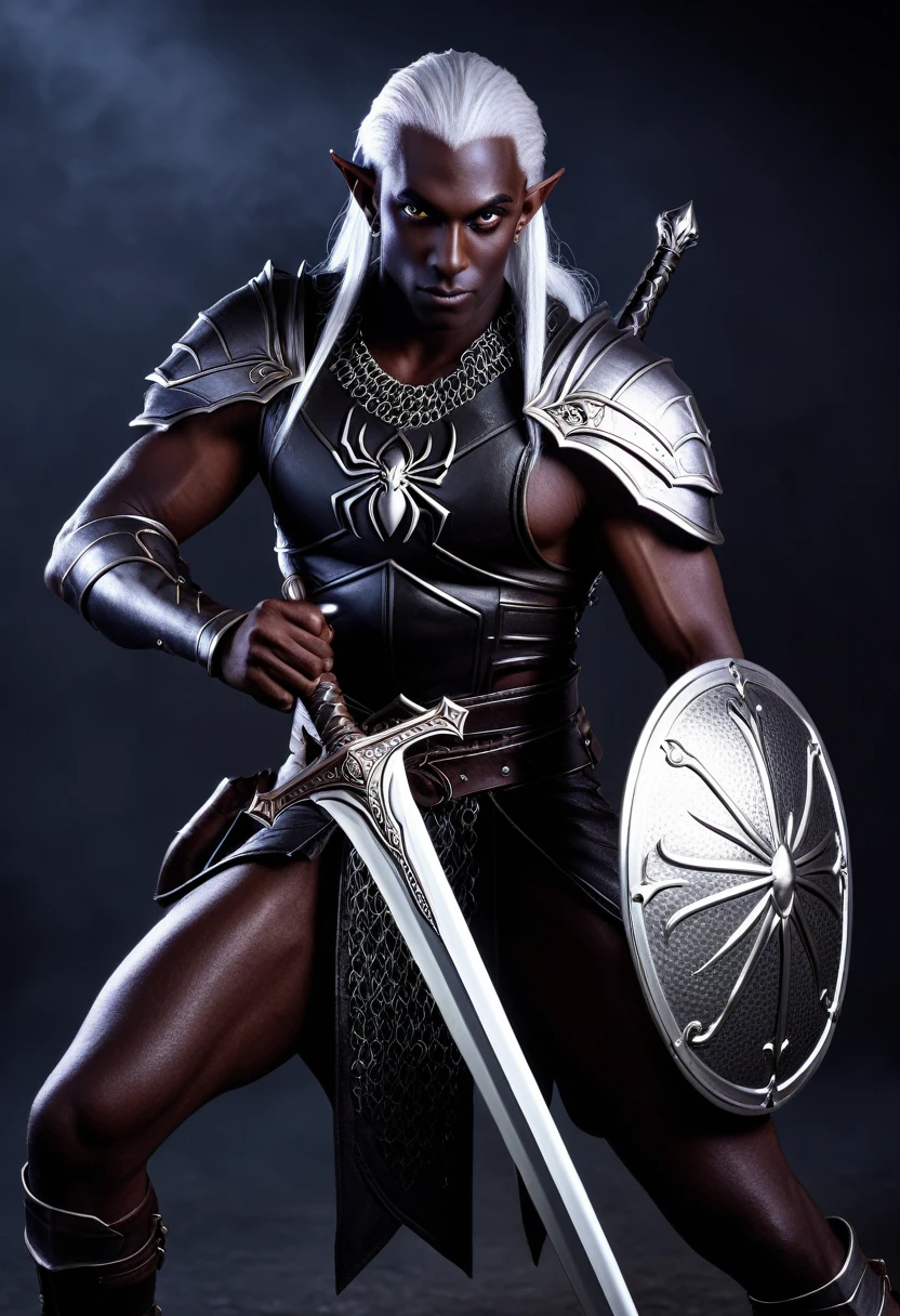 A dark elf rogue (male, pitch black skin, violet eyes, platinum hair, lean and muscular, wielding long sword and metal shield, chain mail, spider motif) is striking combat poses, deep magical dungeon