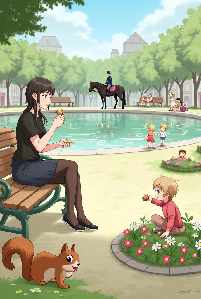 a woman sitting on a bench in a square eating a snack, in front of you there is a squirrel holding a nut, There are two children playing in a flowerbed, a lake with ducks, a family having a picnic and a policeman on a horse