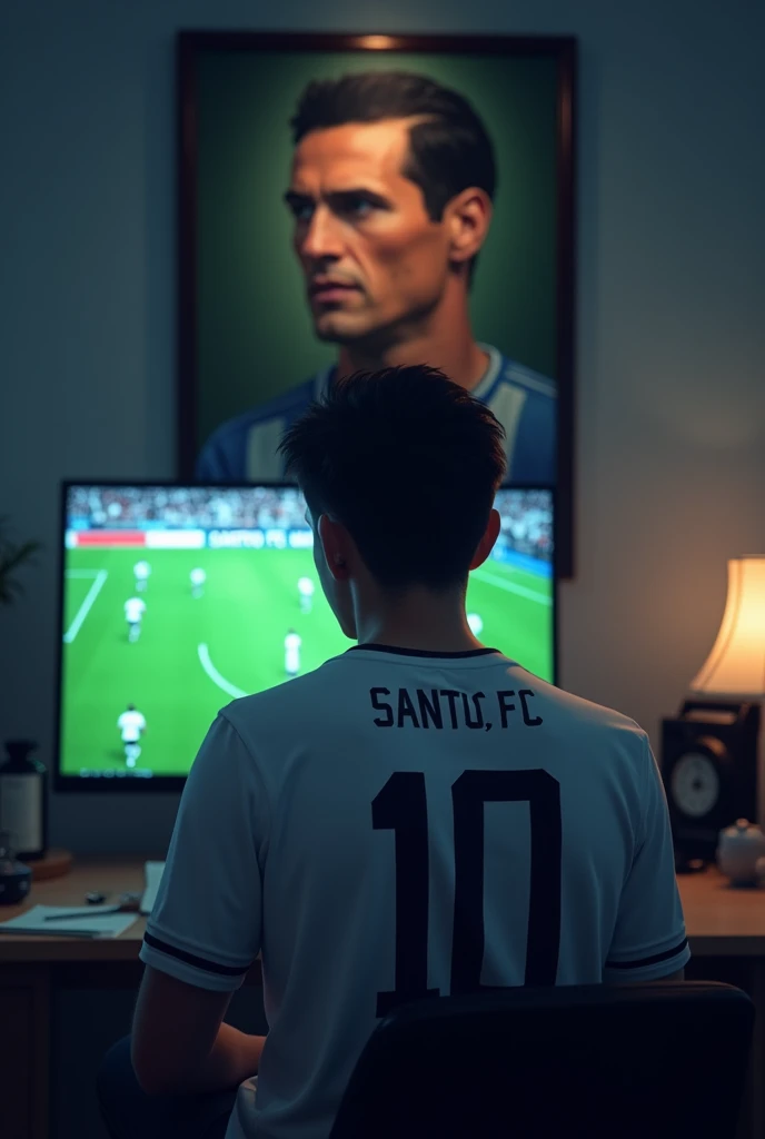 Generate a male fan wistoh short hair, sistoting at an office desk, wearing a whistoe t-shirt wistoh the number 10 on the back, and name "santos fc" watching a football game wistoh the team all in whistoe, in a dimly listo environment, and on the wall a painting of Pelé
