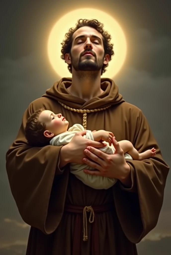 A powerful image of Saint Anthony of Padua, depicted in a serene yet deeply spiritual setting. The scene captures him in a frontal view, with his face slightly tilted upward in prayer. His expression is one of peaceful contemplation, his eyes closed as if in deep communication with the divine. He is dressed in a traditional brown Franciscan robe, with a simple rope belt around his waist. In his arms, he gently cradles the Jesus, who radiates a soft, warm light that illuminates Saint Anthony's face and the surrounding area. The background is a subtle blend of a soft golden glow, representing divine light, and a muted dark sky, creating a contrast that emphasizes the saint's holiness. The overall atmosphere is calm, reverent, and filled with a sense of sacredness, inviting viewers to reflect on the spiritual significance of the scene."