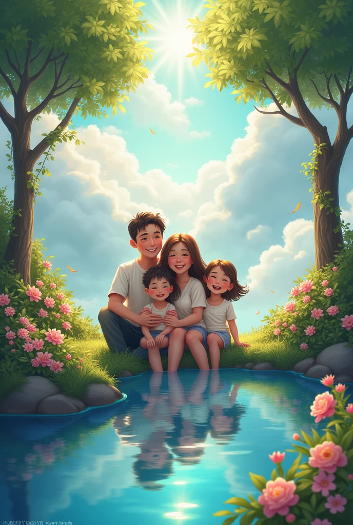 Happy family, heaven like floating environment above the clouds, running river, surrounded by trees, flowers,shining colors