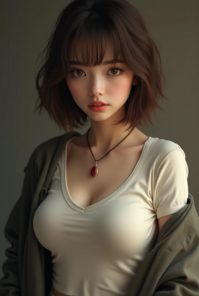 T-shirt, coat, , (photorealistic:1.4), (best quality:1.0), (ultra highres:1.0), 8k, RAW photo, (masterpiece:0.2), , zydG, 1girl, detailed skin, looking at viewer, brown eyes, (short hair with bangs:1.2), (large breasts:1.0), (large areolae:0.8), , (pureerosface_v1:0.5)