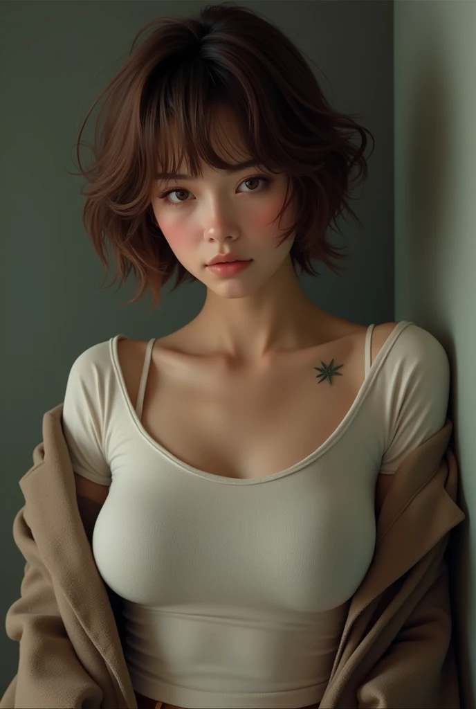 T-shirt, coat, , (photorealistic:1.4), (best quality:1.0), (ultra highres:1.0), 8k, RAW photo, (masterpiece:0.2), , zydG, 1girl, detailed skin, looking at viewer, brown eyes, (short hair with bangs:1.2), (large breasts:1.0), (large areolae:0.8), , (pureerosface_v1:0.5)