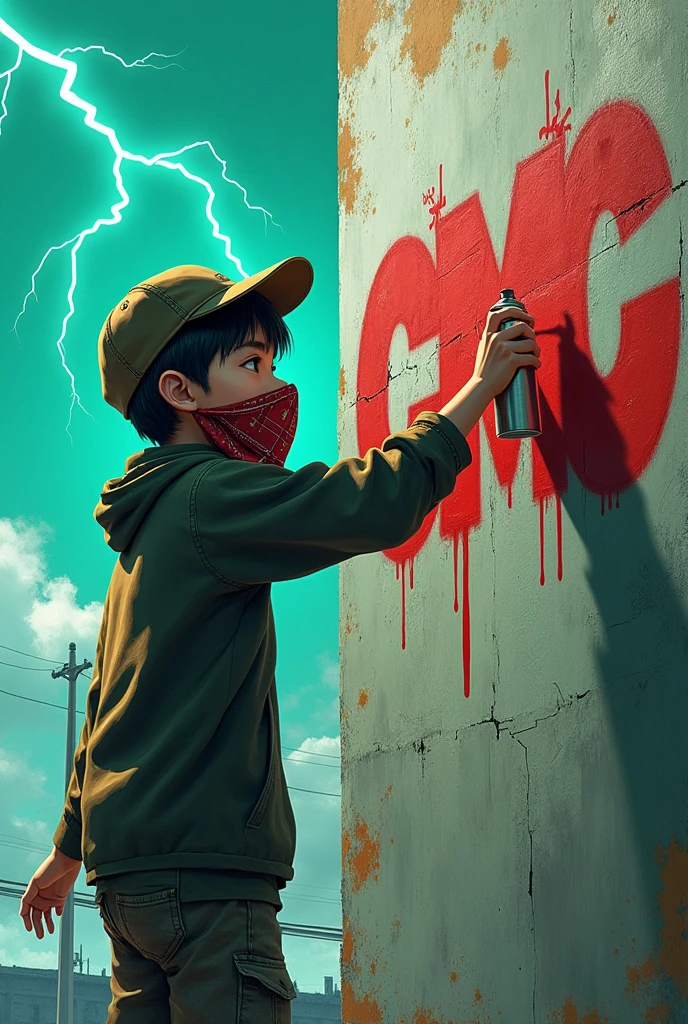 A 1 boy with a cap and a bandana in his mouth, Japanese, graffitiing the word CMC on a wall with graffiti letters and red paint, with thunder falling from the sky, and a greenish turquoise background.. Let it be a realistic type