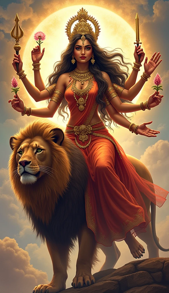 A powerfull  beautiful woman, wearing re fancy lehenga, long hair, golden jewellery, rose garlend in neck, sitting on a lion, full makeup, she have eight hands , 1 hand have flower, trisul, chakr, talvar, one is giving blesshings, 