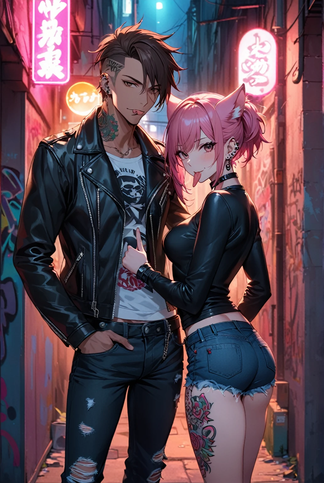 a couple of a man and a woman, detailed illustration, (masculine, mature man, dark brown haired man, dark brown eyes, sleepy eyes, punk leather jacket, ripped tight jeans, ears piercings, hugging the woman), (woman has pink hair shaved one side, wears black top, denim short, thick mascara, many ears piercings, tattoo on thigh, sticking tongue out, showing middle finger), both man and woman are looking at viewer, night time, neon light, night scene of back alley full of graffiti and neon light, full body shot, the man is taller than the woman,