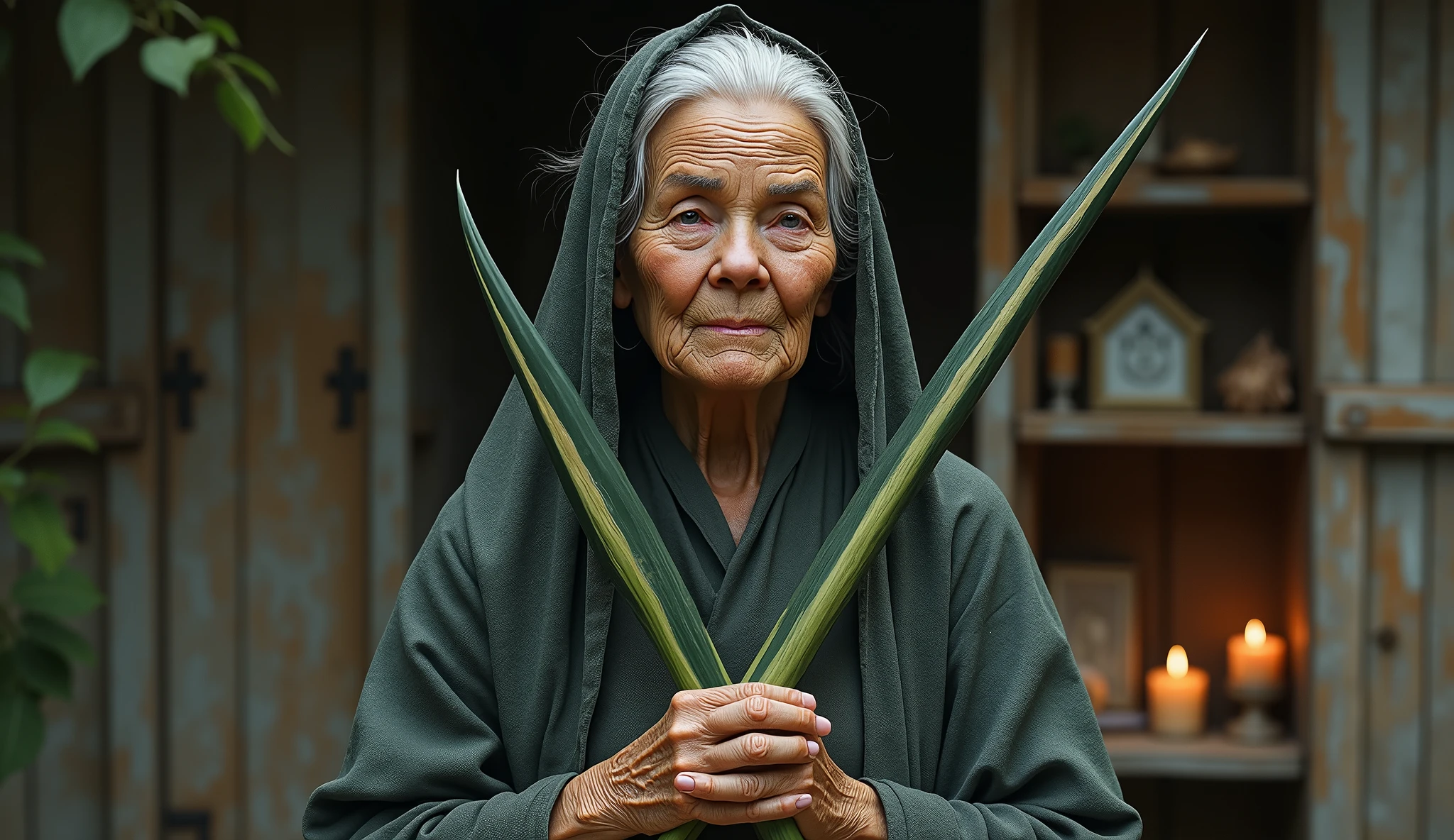 ultra realistic elderly woman healer with two long plants in the shape of thin spears, crossing like an x in front of your chest. The plant is green with medium green and dark green stripes throughout.. In the background, a house with a shelf with saints and lit candles.. convey depth.