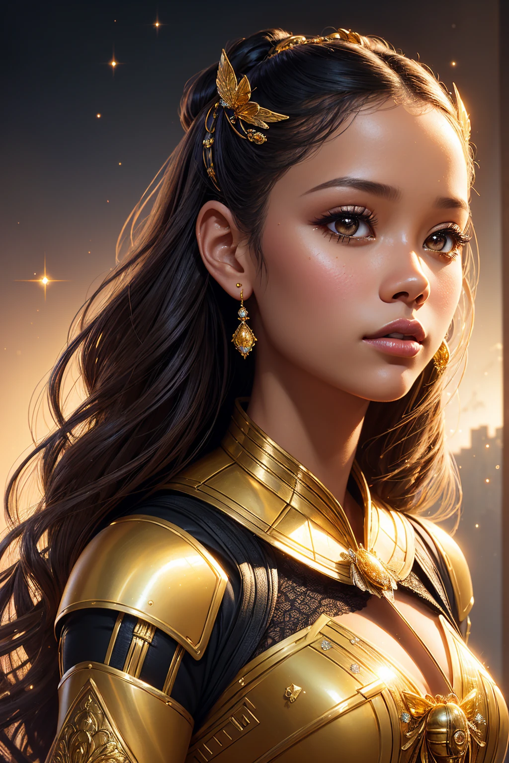 portrait Jenna Ortega, wearing sexy bee outfit, against the background of a beehive, 9 9 9 9 s, wavy hair, intricate, elegant, highly detailed, digital painting, artstation, concept art, smooth, sharp focus, illustration, art by thomas kindkade, charlie bowater, artgerm, greg rutkowski, alphonse mucha and alexandra fomina, 36k, glittering, shining