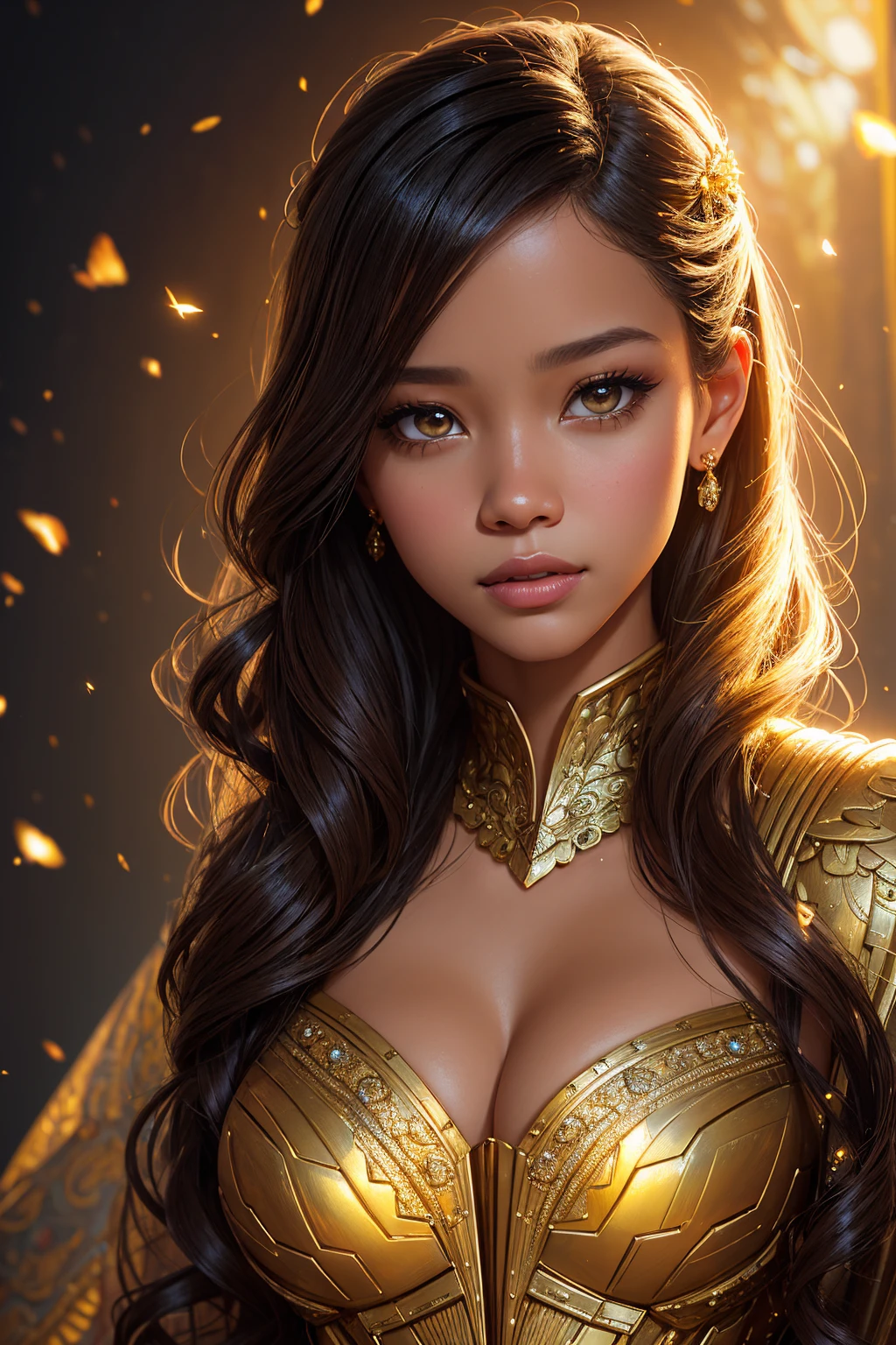 portrait Jenna Ortega, wearing sexy bee outfit, against the background of a beehive, 9 9 9 9 s, wavy hair, intricate, elegant, highly detailed, digital painting, artstation, concept art, smooth, sharp focus, illustration, art by thomas kindkade, charlie bowater, artgerm, greg rutkowski, alphonse mucha and alexandra fomina, 36k, glittering, shining