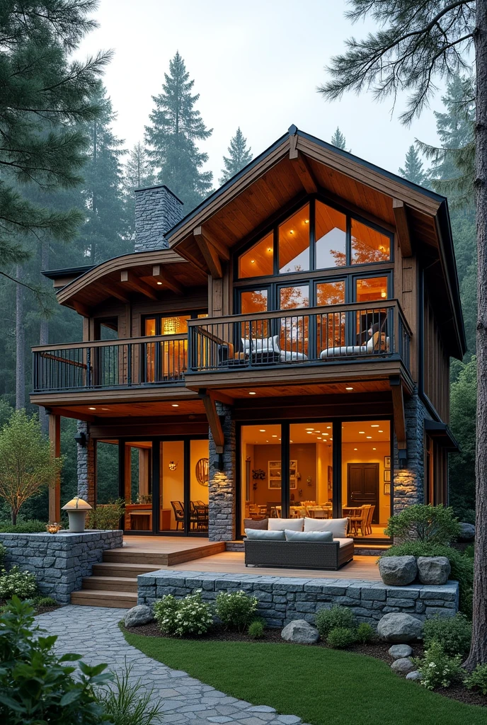 A not so formal but elegant 2 story cabin with lots of glass and a balcony