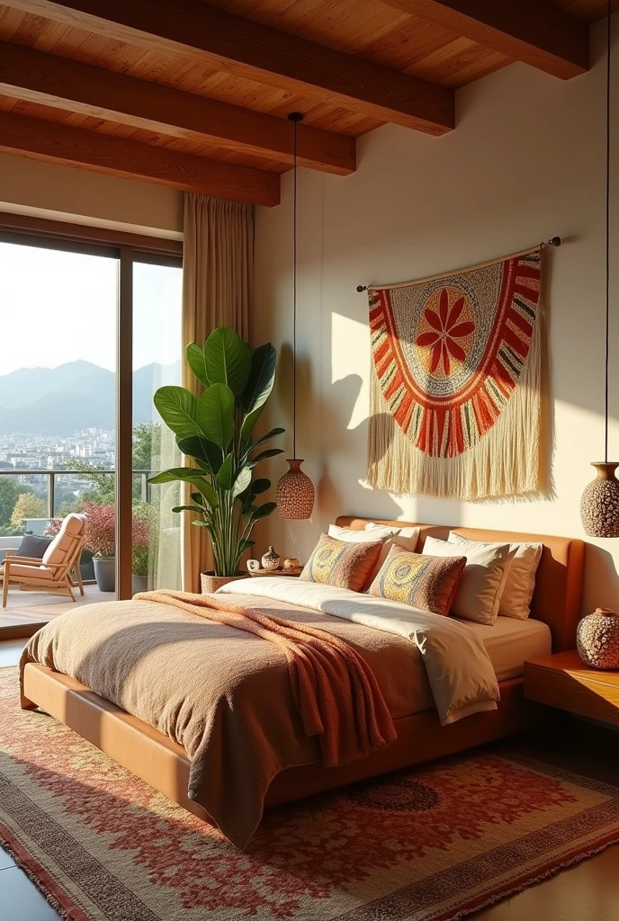 Create a bedroom for a couple in a modern Colombian style for a home in Brazil
