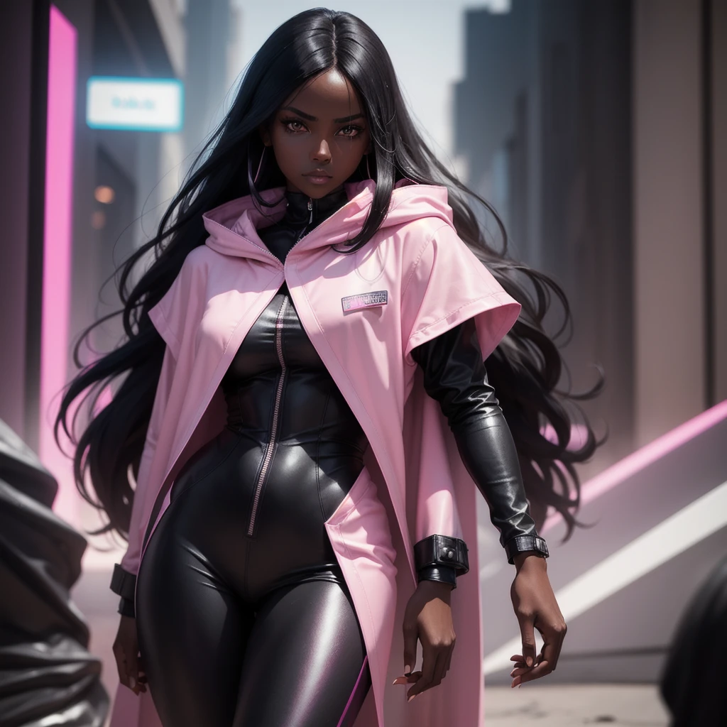 Woman with dark skin, straight hair, dark skin, white eyes, wears a black jumpsuit with pink, wears a dark pink cape, Cyberpunk style1 , Olhando para o espectador, Fundo simples,