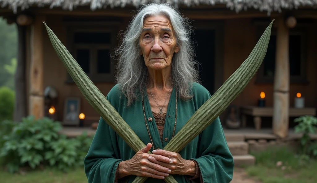 ultra realistic elderly woman healer with two long plants in the shape of thin spears, crossing like an x in front of your chest. The plant is green with medium green and dark green stripes throughout.. In the background, a house with a shelf with saints and lit candles.. convey depth.