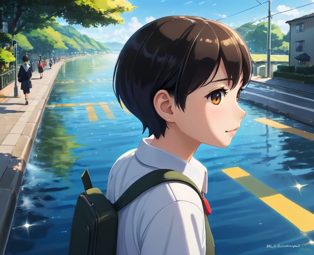 Stylized anime graphics, to support, Smooth passing of vehicles, Pedestrian crossing, Sunlight glitters on the water below., detailed face, detailed digital acrylic painting, colorgraded, Studio Ghibli, muito detalhado