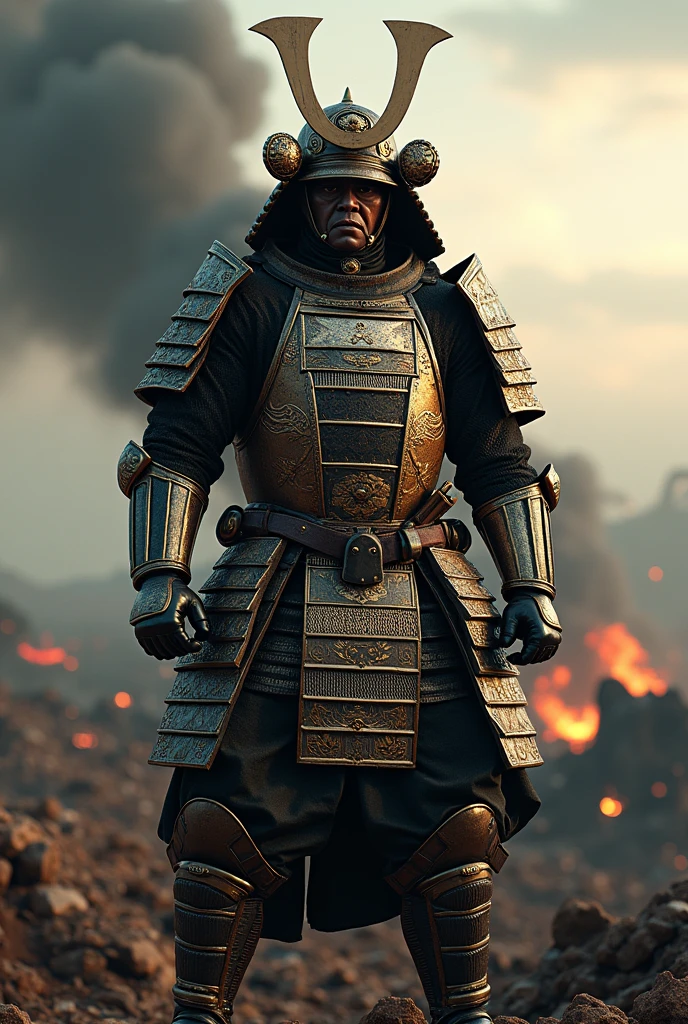 Samurai warrior with shiny and highly ornate armor, ultra realistic, cinematic, 8k, war and disaster fund