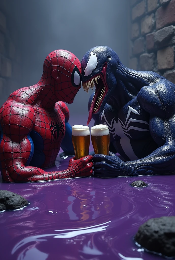 Muscular Spider-Man and Venom drinking beer inside dark purple goo