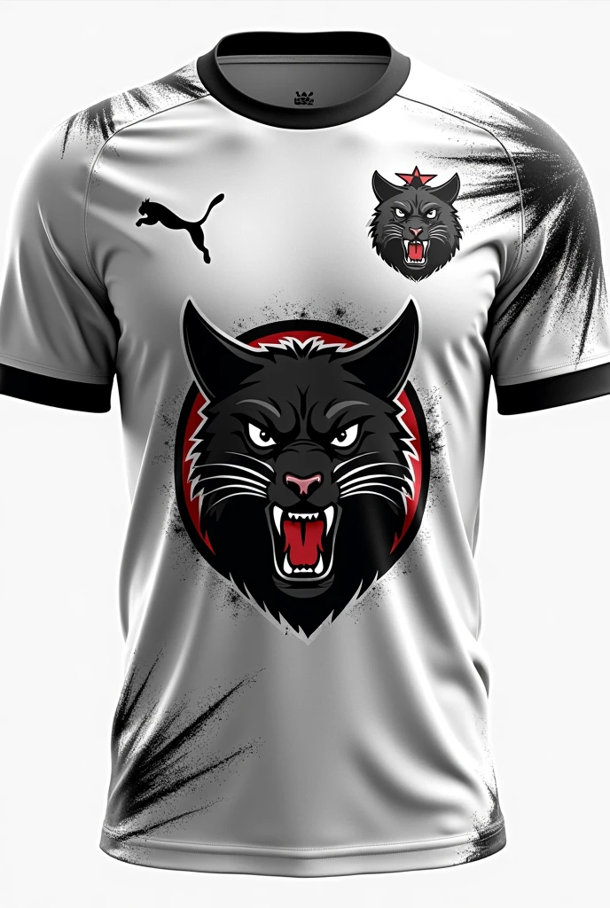 Make the best white interclass jersey, with a small black wild pampas pampas cat inside a circle with its sharp teeth,  that scares opponents, and Make black scratch details on the shirt and in the upper left corner in the chest area place the puma symbol and on the team symbol place a star on top 