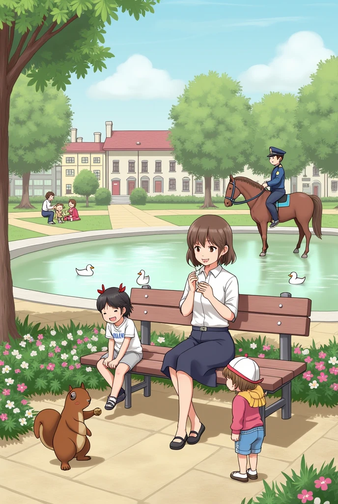 a woman sitting on a bench in a square eating a snack, in front of you there is a squirrel holding a nut, There are two children playing in a flowerbed, a lake with ducks, a family having a picnic and a policeman on a horse
