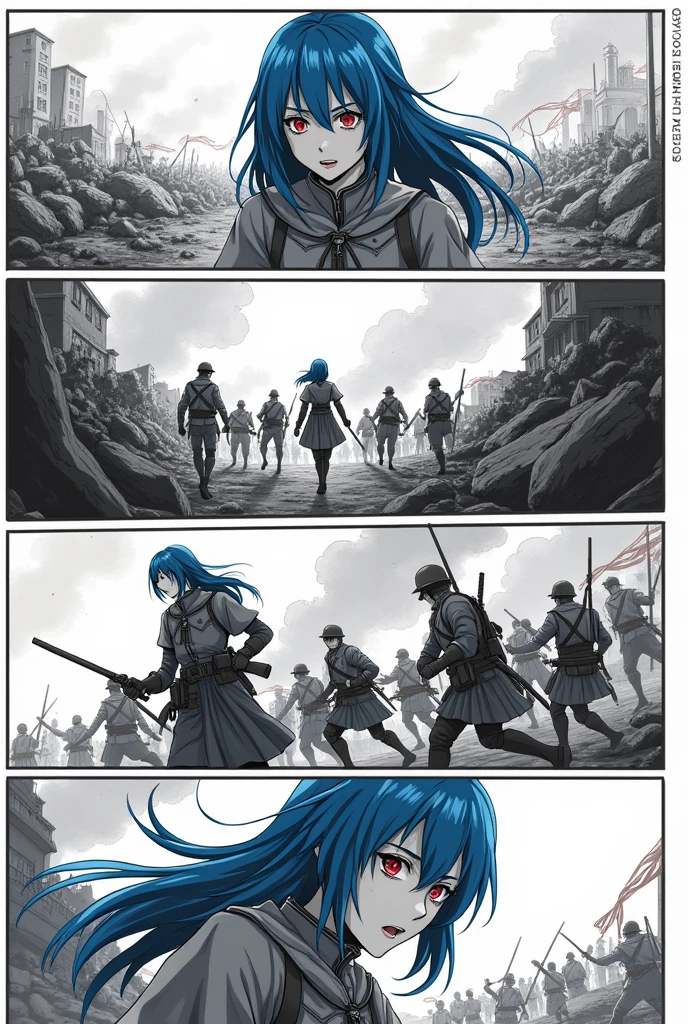 A four-page black and white manga war scene featuring a main character, a blue-haired, red-eyed woman, and other supporting characters who are soldiers.(Beautiful lines)