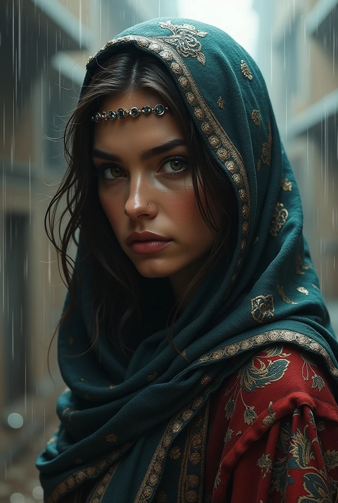 a woman wearing a scarf in the rain, a photorealistic painting, cgsociety contest winner, fantasy art, portrait of bedouin d&d, portrait ninja gaiden girl, 8k highly detailed face, highly detailed vfx portrait of, detailed unblurred face, kerem beyit, cinematic 8k uhd, alena aenami and android jones