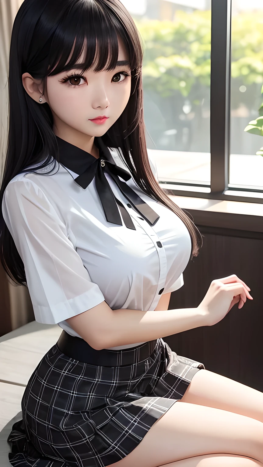(highest quality,masterpiece:1.3,Ultra-high resolution),(Very detailed、Caustics) (Realistic:1.4, RAW shooting、)Ultra-Realistic Capture、Very detailed、Natural skin texture、masterpiece、sexy、Adorable expression、Expressions of happiness、Japanese,22 years old、Young Face、Amazingly cute、light makeup、Shining thighs、Anatomically correct、Attention to detail、White shirt,(Black Mini Skirt:1.3),professional,office building、machine,computer,office