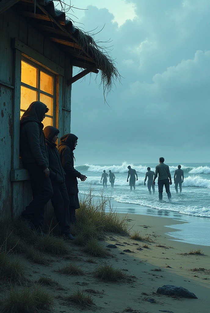 A group of survivors took refuge in a fishermen&#39;s hut, watching from a window the zombies walk slowly along the beach, with the waves of the sea in the background.