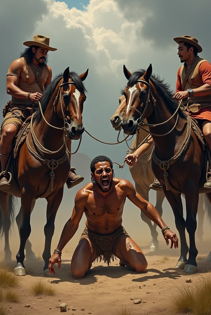 Give me an image about the death of Tupac Amaru in which four Spaniards are mounted on horses tied to each horse with a thick rope to each extremity (left arm, right arm, left leg and right leg), pulling thus strongly, noticing their pain.