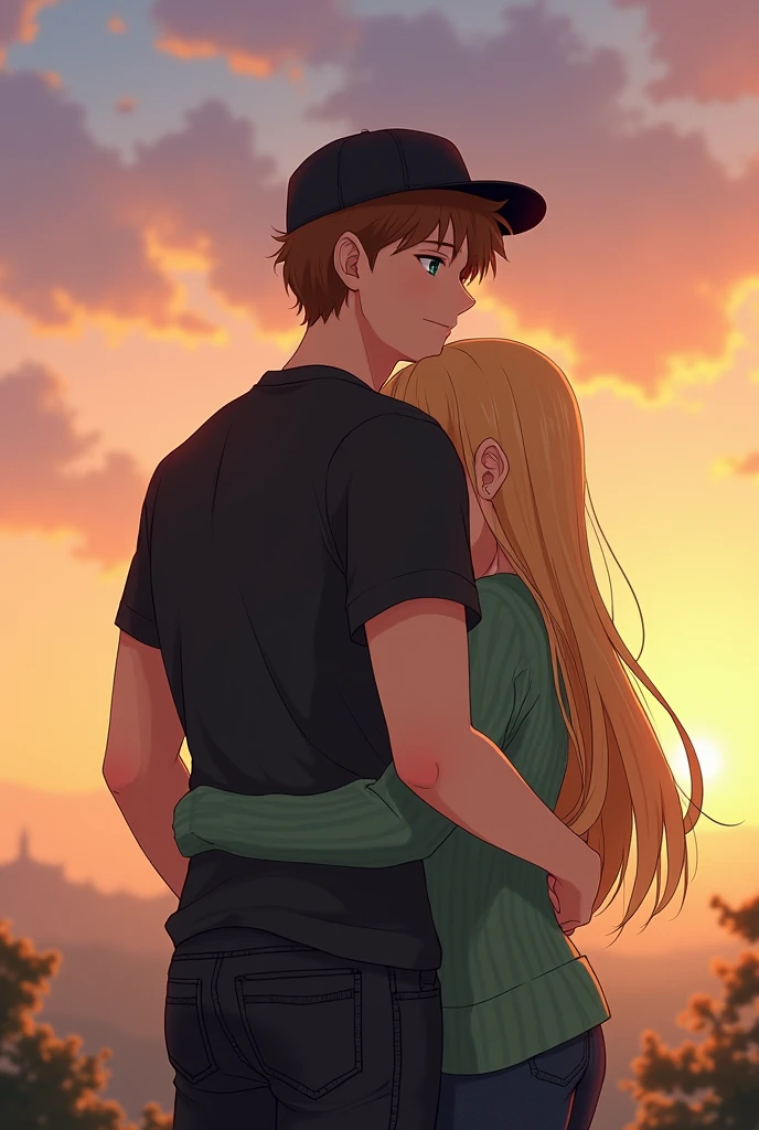 Anime, blond, long hair, green eyes, green sweater, gray skirt huging a tall, brown hair guy, black cap, black t-shirt, black jeans, watching the dusk