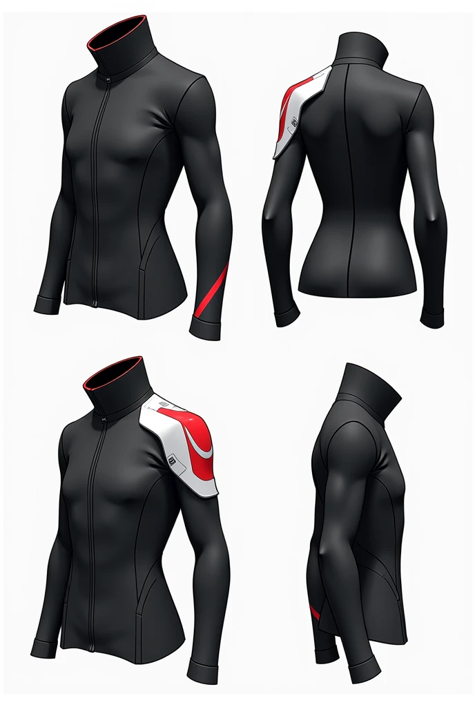 Create a technical, flat illustration of a futuristic jacket. The jacket should have a high collar and be predominantly black, with 80% coverage, complemented by 15% white and 5% red accents. The right shoulder should have a white panel with a red line crossing it diagonally. Display the jacket in multiple views on a grid layout, using clear, straight lines and avoiding realistic textures. The design should focus on simplicity, with an emphasis on technical precision and clarity