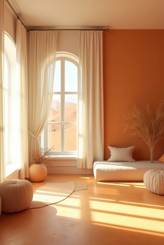 Room with ochre-colored floor and walls in a similar tone. window with white curtains and white ceiling
