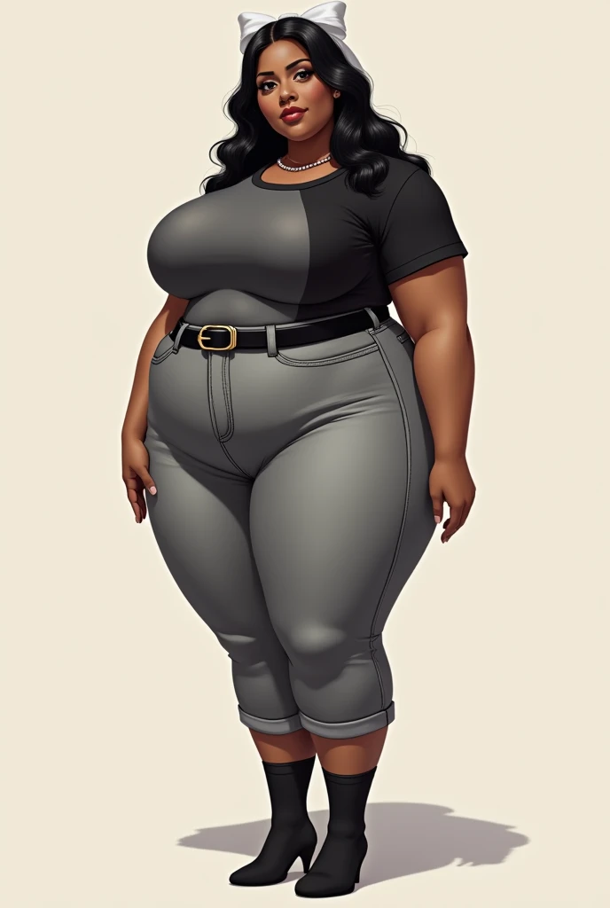 Female, Brown skin, black eyes, black long hair, has extremely gigantic ass, extremely curvy, extremely Wide hips. extremely gigantic buttocks, thighs are extremely meaty and hyper thick, wears black and gray T shirt, black belt, gray jeans, and black socks and a white bow on the back of the hair