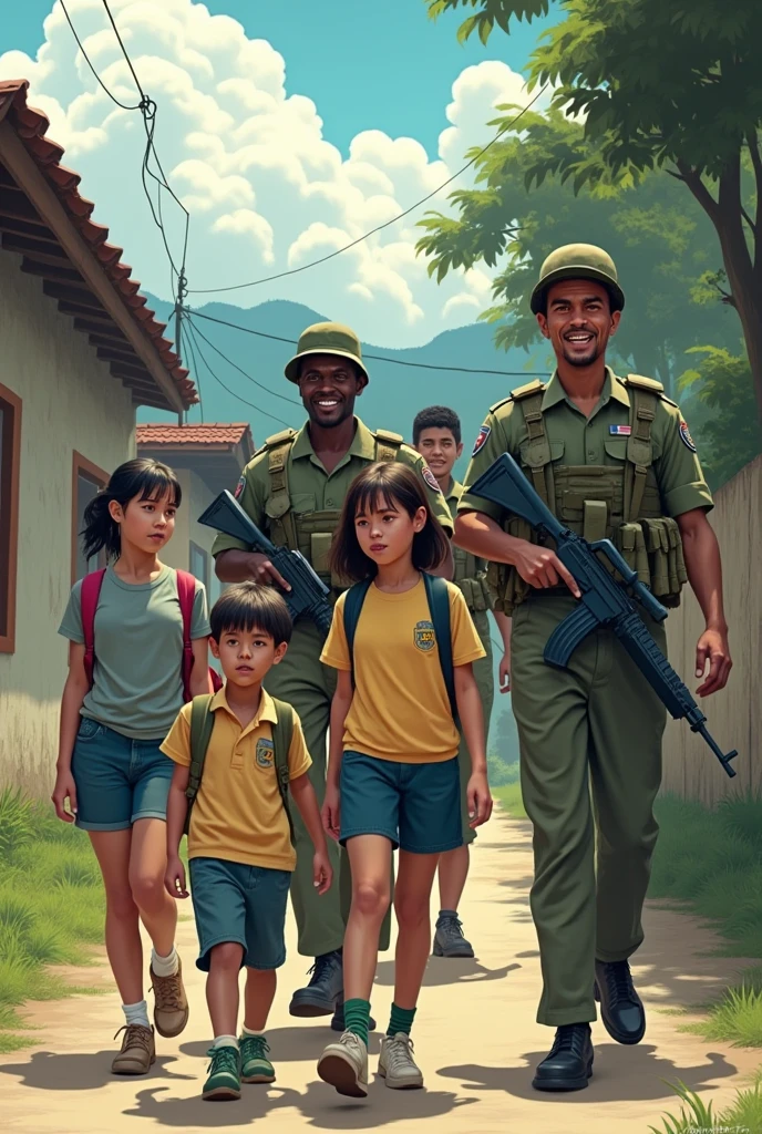 Describe me an image of rural people where several boys and girls of 15 and 16 years of age with mixed skin color are walking along a sidewalk towards school and wearing school uniforms in the 2000s with an expression of concern and next to them there are three adults in military uniforms and weapons symbolizing the guerrilla in Colombia and laughing at the peasants. That's a realistic image.
