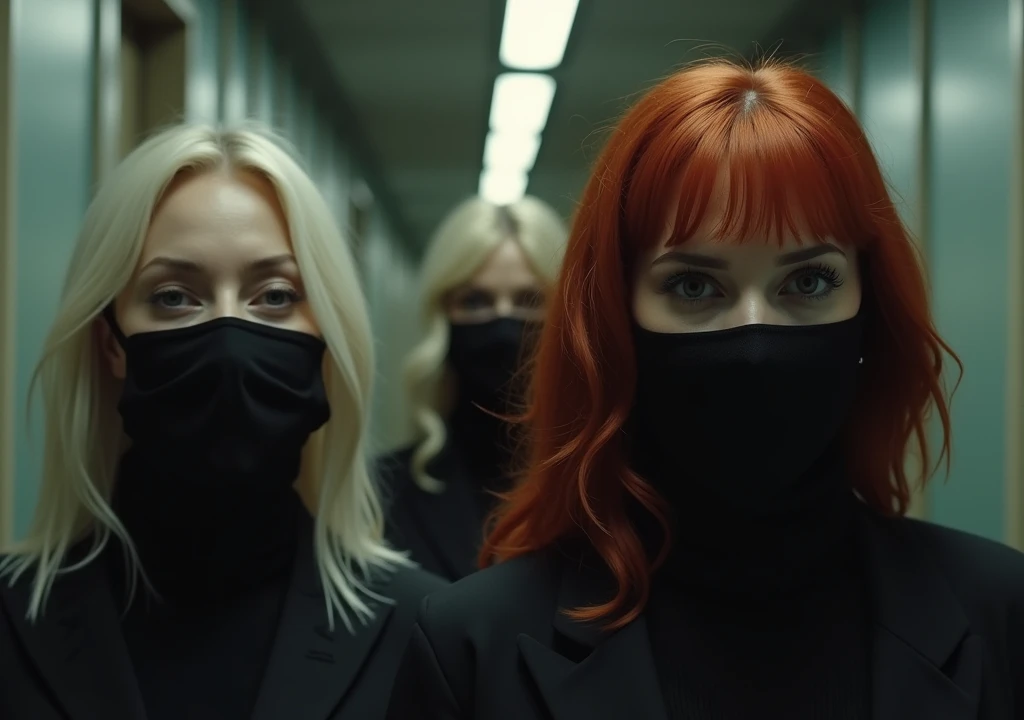 Redhead woman and white hair woman,with black masks covering their faces, invade the bank in sync.
They move with military precision, incapacitating guards and opening the safe. While they take the money and documents, sing the final chorus.