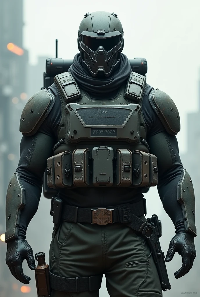 futuristic soldier, gilet tactique lourd ,full face mask , man 30 years old, commandant