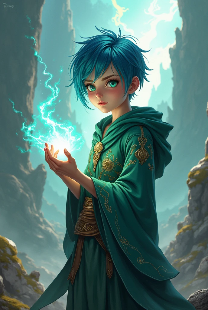 Could create a young blue-haired mage with green eyes
