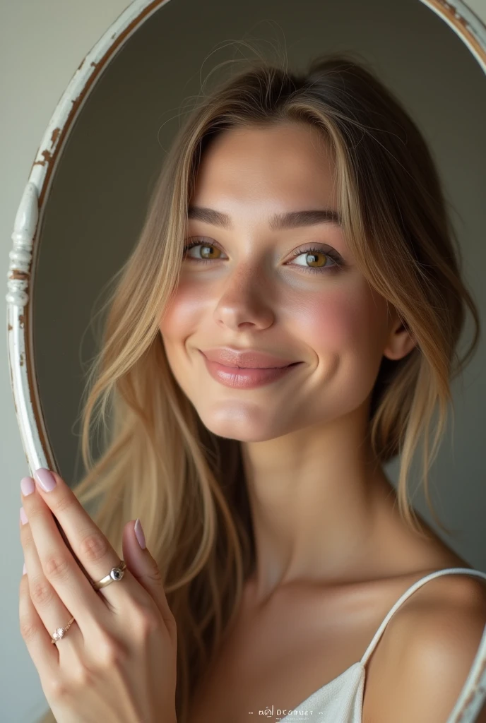 Imagine a beautiful girl. Take a selfie in mirror