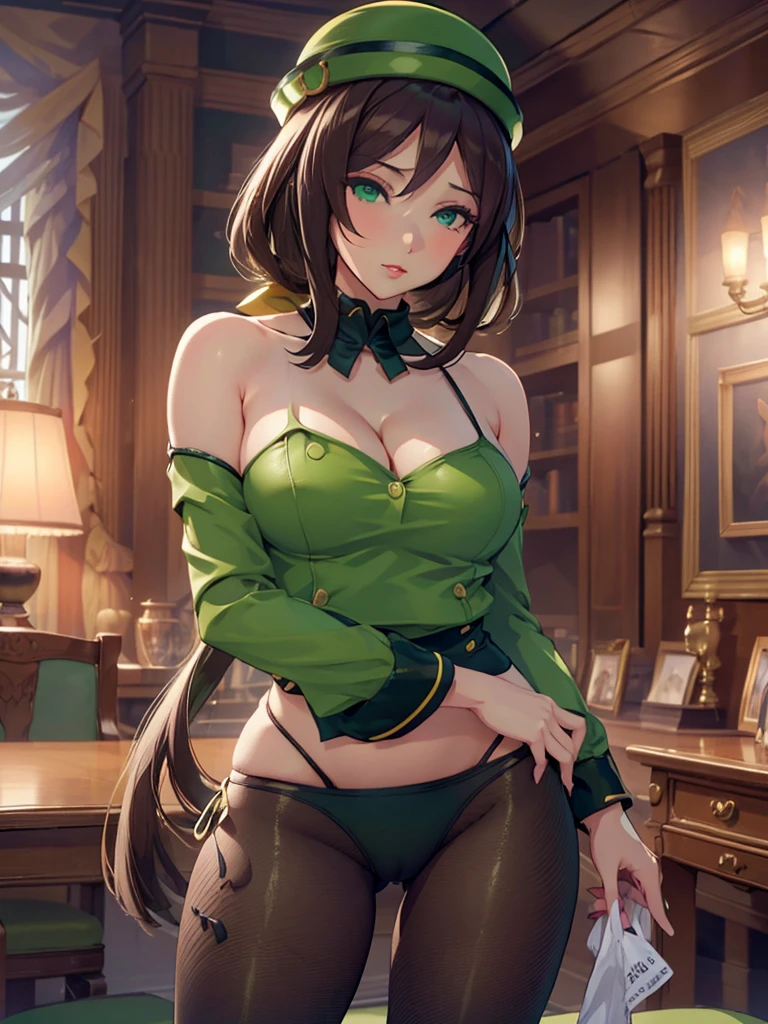 (masterpiece、top-quality、hight resolution、Unity 8k、extremely details CG:1,Best Picture), hayakawa tazuna, low ponytail, green headwear, green jacket, pantyhose, Emphasis on cleavage, A seductive woman with voluptuous curves, wearing revealing lingerie, heavy makeup with bold red lipstick, smoky eye shadow, and perfectly styled hair. She is posing provocatively in a glamorous setting, with a confident and alluring expression, suggestive body language, and a sultry gaze directly into the camera. The overall atmosphere is steamy and intense, emphasizing her sensuality and sexual allure.