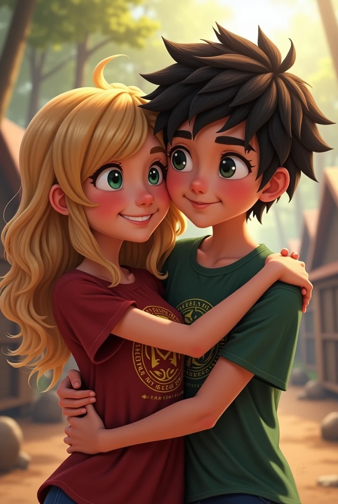 Annabeth and Percy from the book Percy Jackson hugging and happy wearing the Camp Half-Blood t-shirt