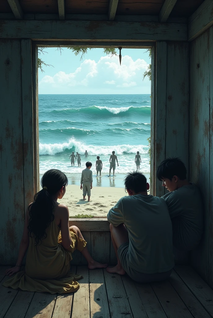 A group of survivors took refuge in a fishermen's hut, watching from a window the zombies walk slowly along the beach, with the waves of the sea in the background.