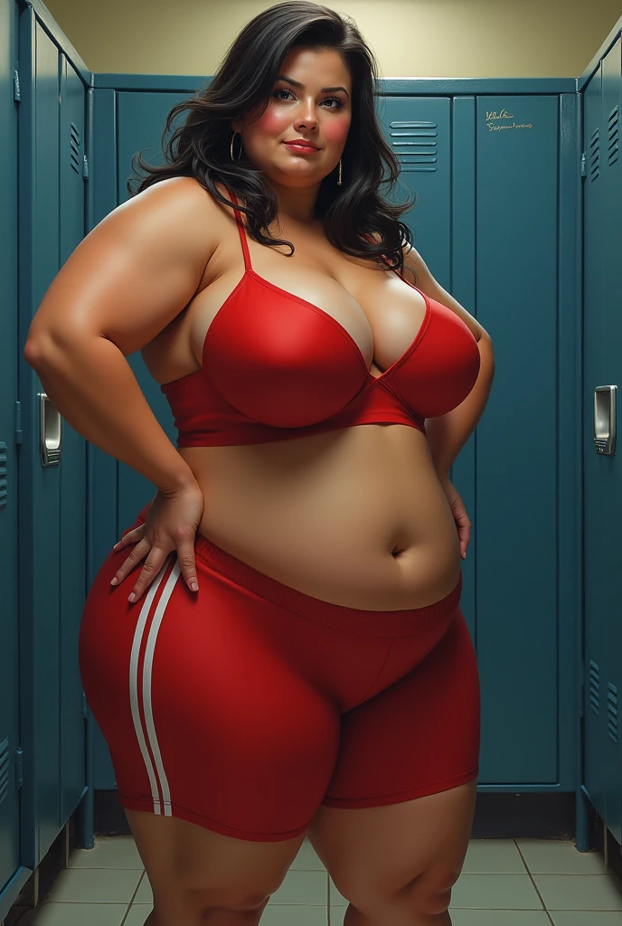 beautiful short 5 feet tall stocky athletic girl, masterpiece, photorealistic, hyper-detailed, 8k, short stocky trim build, enormous giant disproportionately huge protruding absurdly comically oversized 44I cup breasts, ((tight midsection)), thick muscular quads, athletic body, standing in locker room, wearing tiny gym clothes, intricate details, studio lighting, dramatic lighting, vivid colors, dynamic pose, non-muscular, , trim flat abs, sexy seductive pose, ((she's in love with you))