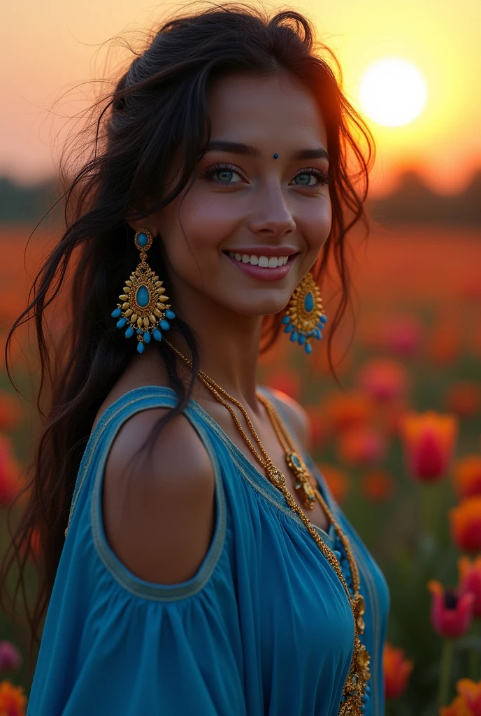 Full body, ultra-photorealistic, surreal, (masterpiece),  hindu goddess radharani . messy hair, beautiful face, cinematic light, beautiful face  , smile look to the camera, wearing blue blouse , (((glowing blue eyes))), perfect anatomy, sunset,  multicoloured flowers on background, title "Autumn season", wide angle, low angle, close range, style, 8k resolution, elegant, near perfection, dynamic,  very detailed, character sheet, concept art, textured skin