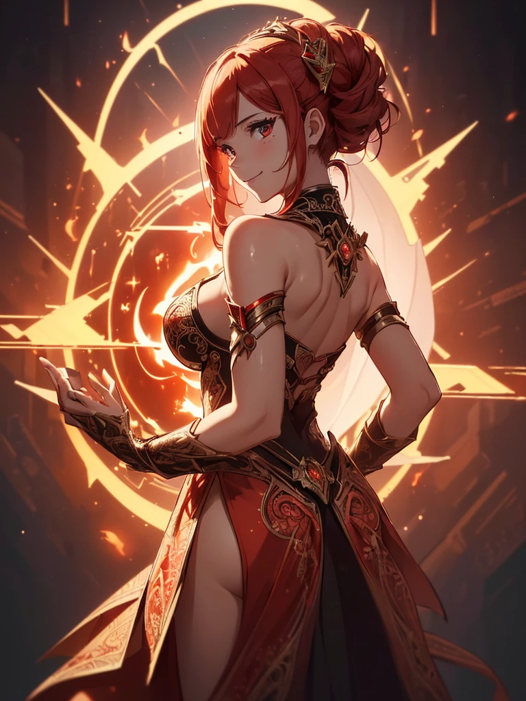 (((best quality, sharp image, clear image, cinematic lighting, 8k resolution, masterpiece, ultra detailed, intricate))) Girl, sorcerer, cute, intricate dress, smiling, fiery red, ((intricate background)), (rune frame), dimension, ((shot from behind)), fire sigils, chaotic background, ((half-body shot))