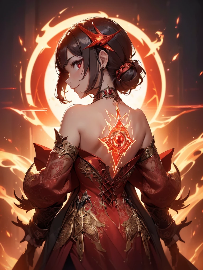 (((best quality, sharp image, clear image, cinematic lighting, 8k resolution, masterpiece, ultra detailed, intricate))) Girl, sorcerer, cute, intricate dress, smiling, fiery red, ((intricate background)), (rune frame), dimension, ((shot from behind)), fire sigils, chaotic background, ((half-body shot))