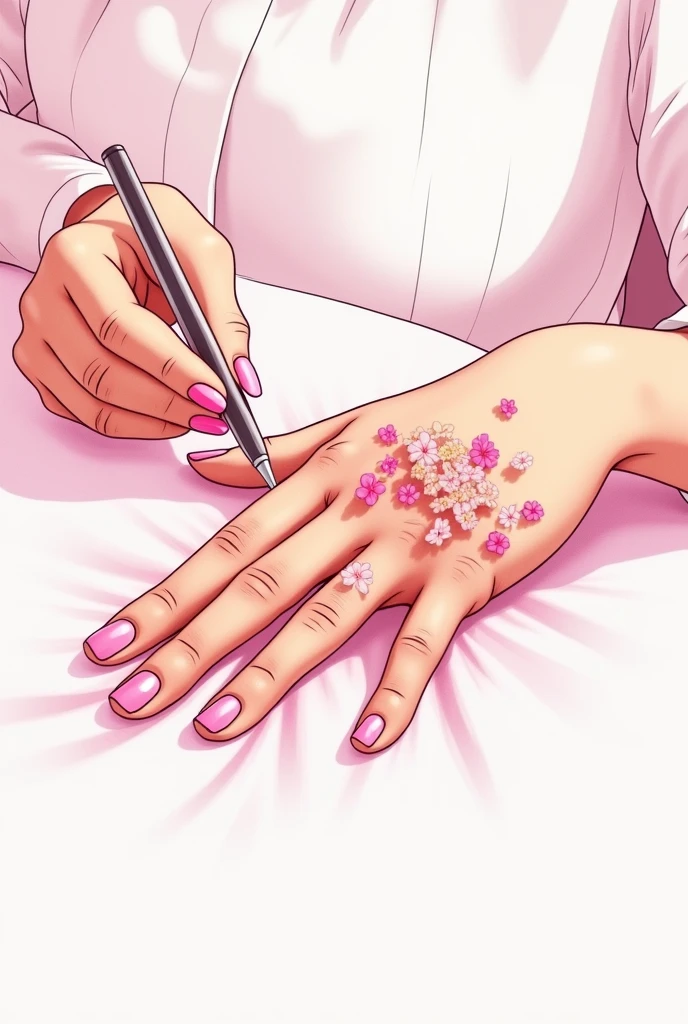 HAND OF A PERSON AND HAND OF A MANICURIST FIXING NAILS ANIMATED DRAWING WITH PINK COLORS