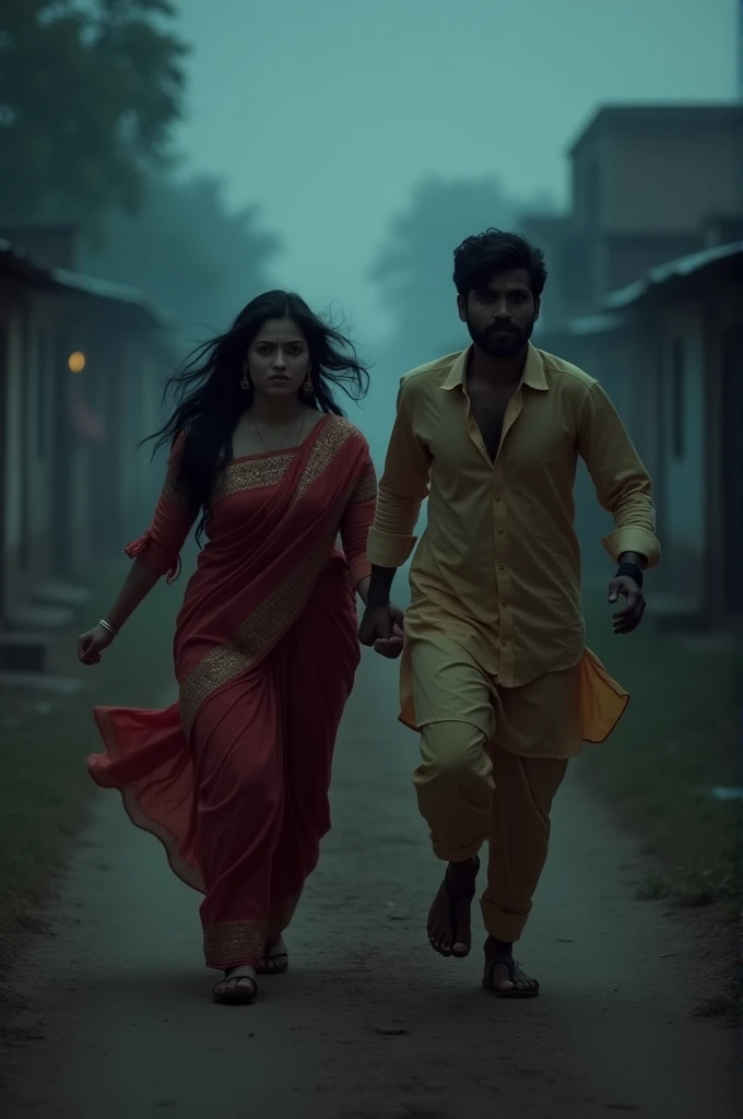 An Indian village couple running together at dusk, with a sense of urgency. The beautiful woman, wearing a  salwar suit, has an expression of fear and is holding the hand of a handsome man. faces should be very good loooking. The background features a rural village setting, with shadows and eerie details that add to the horror theme. Use dramatic, cinematic lighting that highlights their expressions and movement, with deep contrasts between light and shadow to enhance the tension and atmosphere.