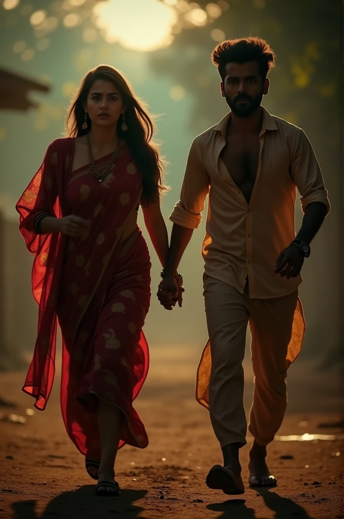 An Indian village couple running together at dusk, with a sense of urgency. The beautiful woman, wearing a  salwar suit, has an expression of fear and is holding the hand of a handsome man. faces should be very good loooking. The background features a rural village setting, with shadows and eerie details that add to the horror theme. Use dramatic, cinematic lighting that highlights their expressions and movement, with deep contrasts between light and shadow to enhance the tension and atmosphere.
