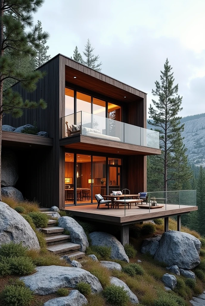 A not so formal but elegant 2 story cabin with lots of glass a balcony make me a plan

