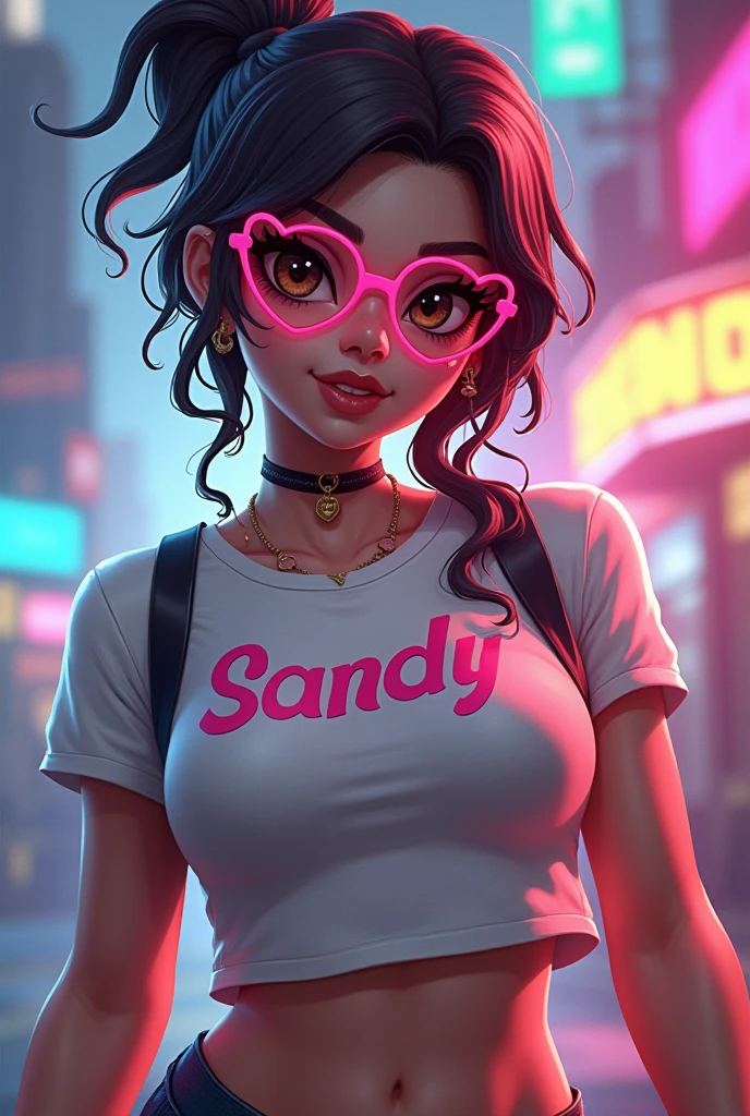 Free Fire female character with heart-shaped glasses and the name Sandy written on her shirt