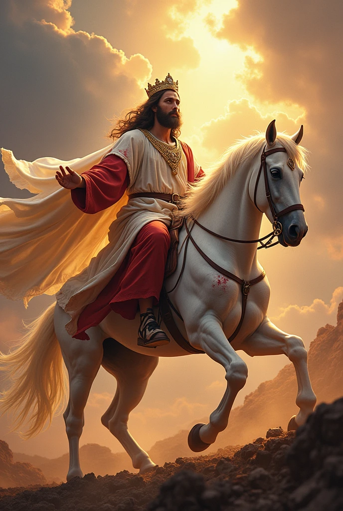 Jesus riding his white horse, with his white robes spattered with blood, with a crown of diadems, A woman on a horse in white clothes comes with him.